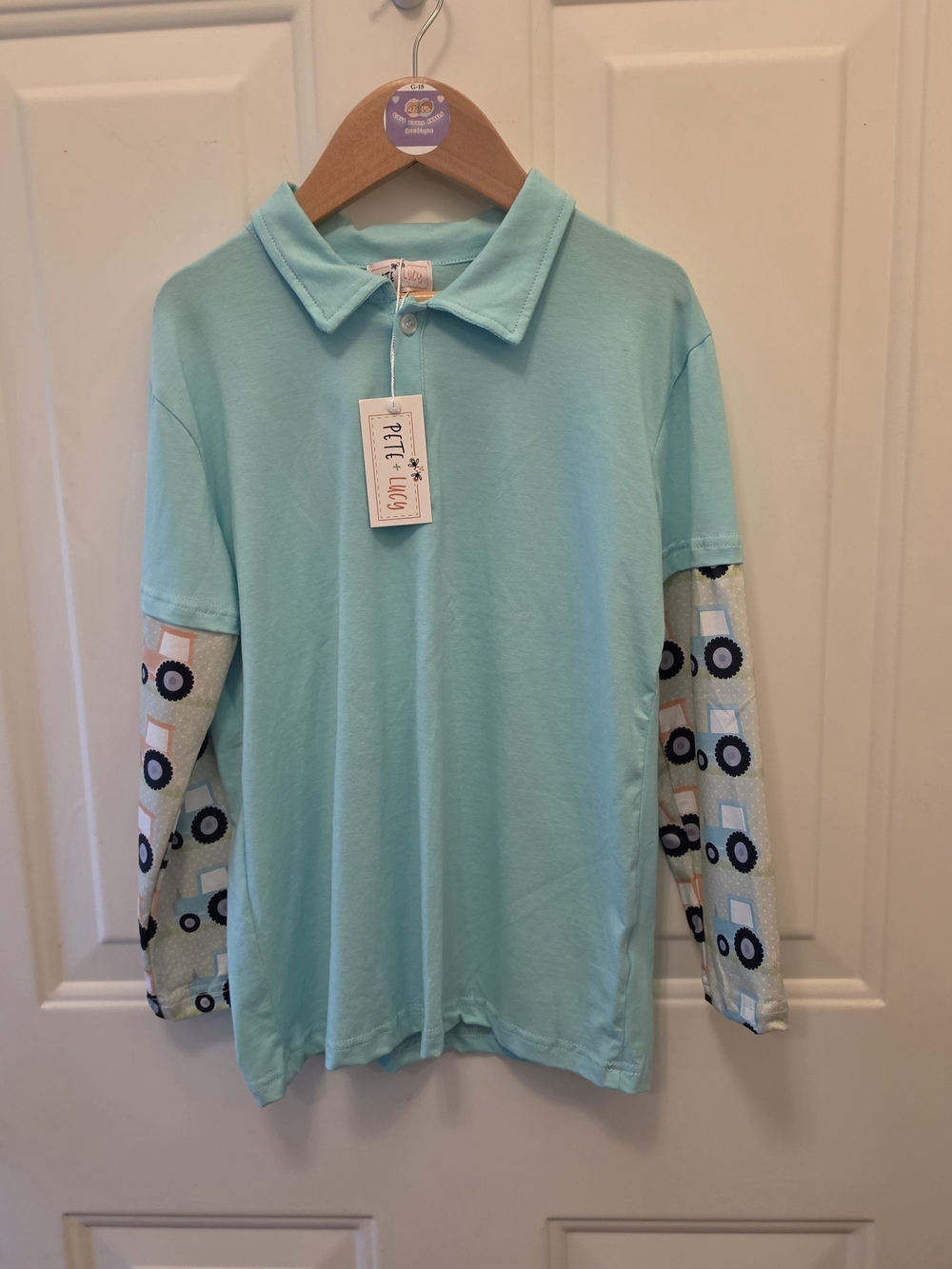 Pete+Lucy Light Aqua Polo Top with Printed Tractor Sleeves